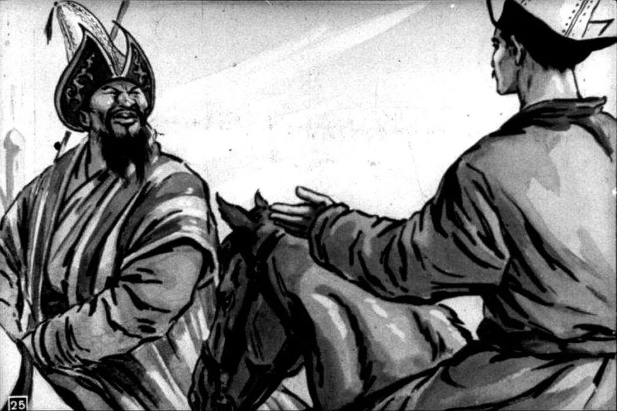 Ilustrație în alb și negru cu un bărbat călare și altul stând pe pământ, discutând despre un vraci vestit.
