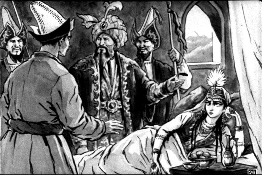 Ilustrație cu un grup de oameni, inclusiv un bărbat care vorbește cu o femeie în pat, în fața unor figuri autoritare, exprimându-se asupra unei situații dificile.