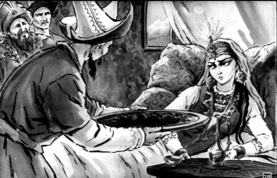 Ilustrație monochromă cu un narator care vorbește despre smochine, cu detalii despre o prințesă și un ospătar.