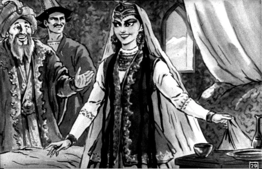 O ilustrație în alb și negru cu o femeie întâmplându-se să fie fericită, inconjurată de bărbați, sugerând o poveste despre bucurie și miracol.
