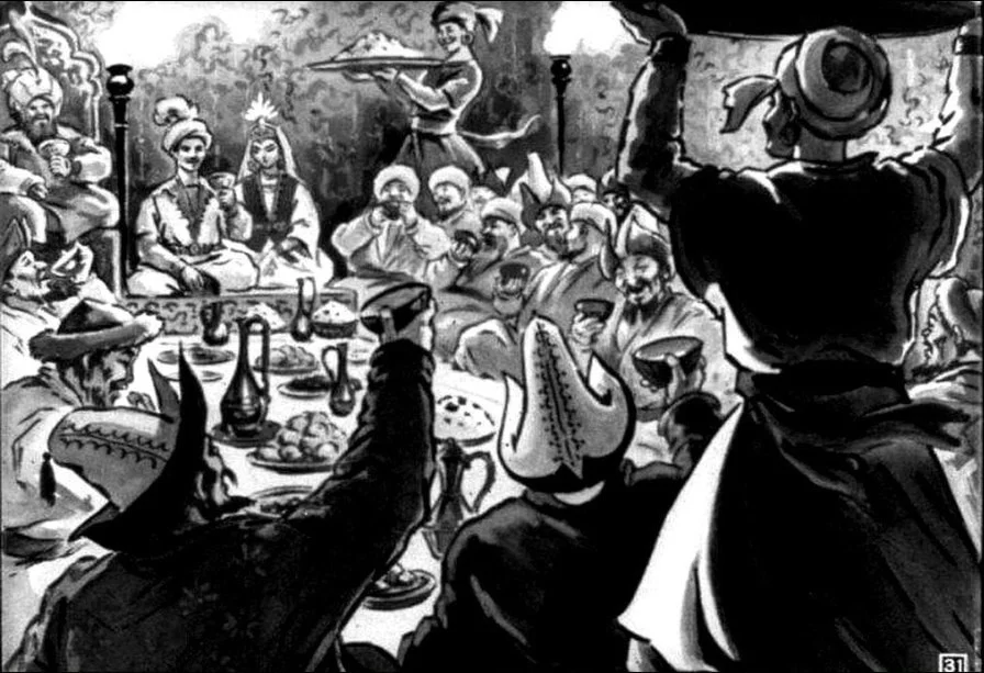 Imagine care ilustreaza o nunta traditionala, cu invitati si un ospatar care serveste mancare.
