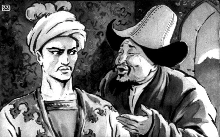 Imaginea arata un dialog intre doi barbati, unul cu un turban si celalalt cu o palarie mare, intr-un fundal detaliat.