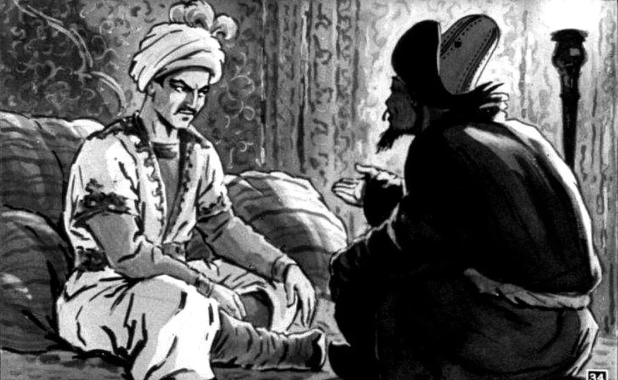 Ilustrație în alb și negru cu doi bărbați angajați într-o conversație profundă. Unul dintre ei poartă un turban și o tunică, iar celălalt are o pălărie distinctivă. Fundalul sugerează un decor tradițional.