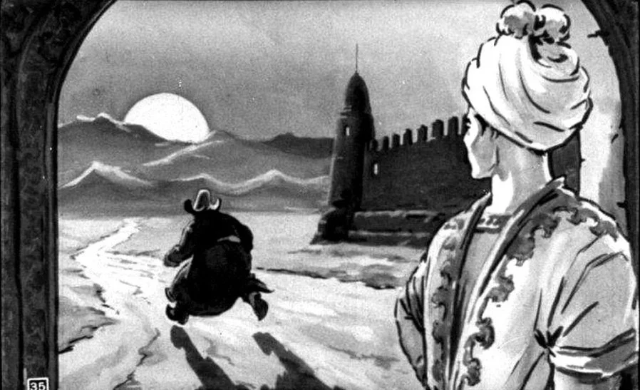 Ilustrație în alb și negru reprezentând un peisaj cu un personaj aflat pe un drum și un alt personaj în fundal, privind spre o peșteră.