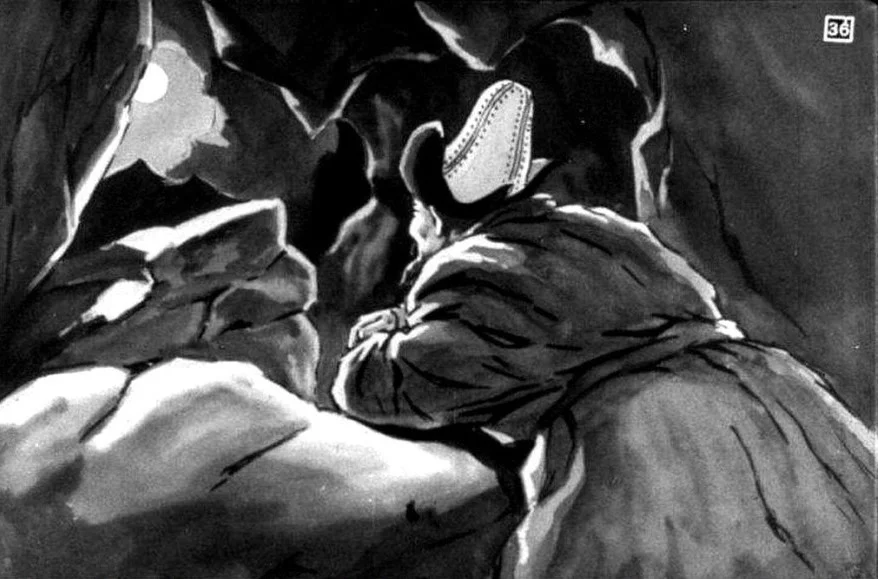 Ilustrație în care un bărbat se află într-o peșteră, observând exteriorul unde luna strălucește, descriind momentul în care așteaptă după animalele care nu sunt prezente.