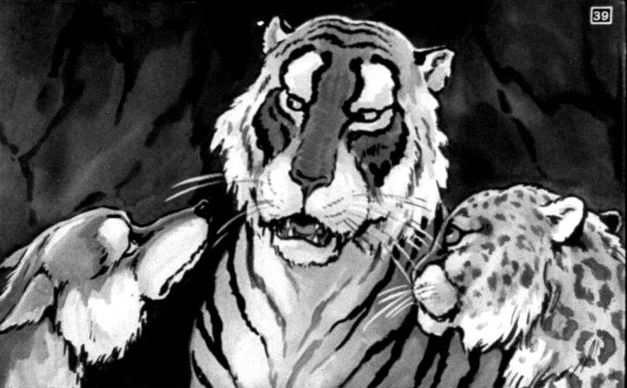 Ilustrație în alb și negru cu doi tigri și un leopard, având un dialog despre prietenie și o comoară.