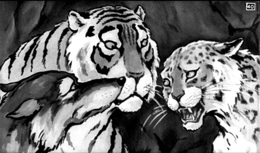 Ilustrație cu tigri și jaguar care discută despre o fată bolnavă de tristețe care s-a vindecat.