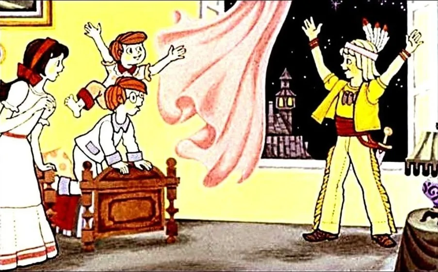 Ilustrație cu Peter Pan intrând în camera copiilor, surprizându-i pe aceștia.