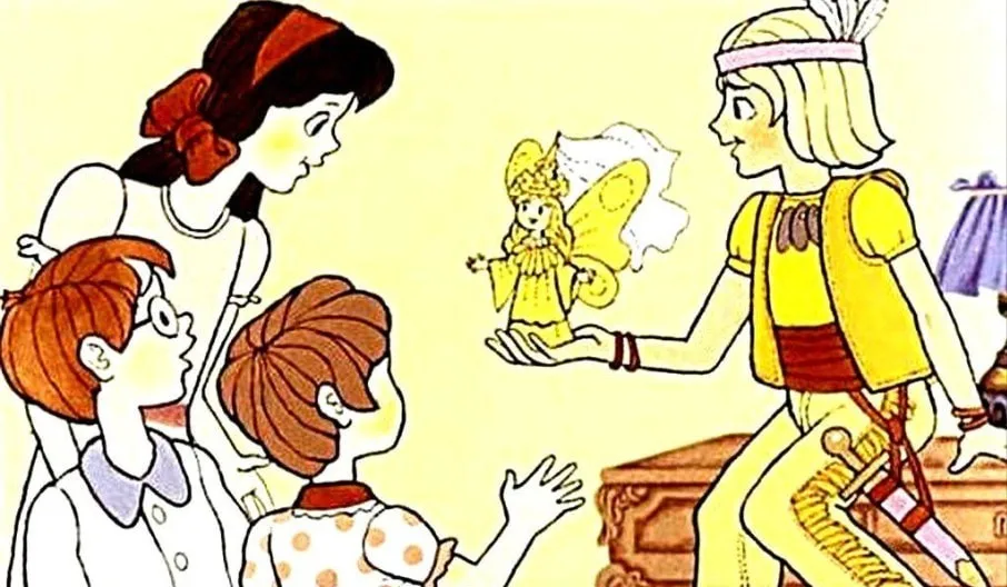 Ilustrare din povestea lui Peter Pan, arătându-l pe Peter împreună cu Tinkerbell și copii, explorând magia zanelor.