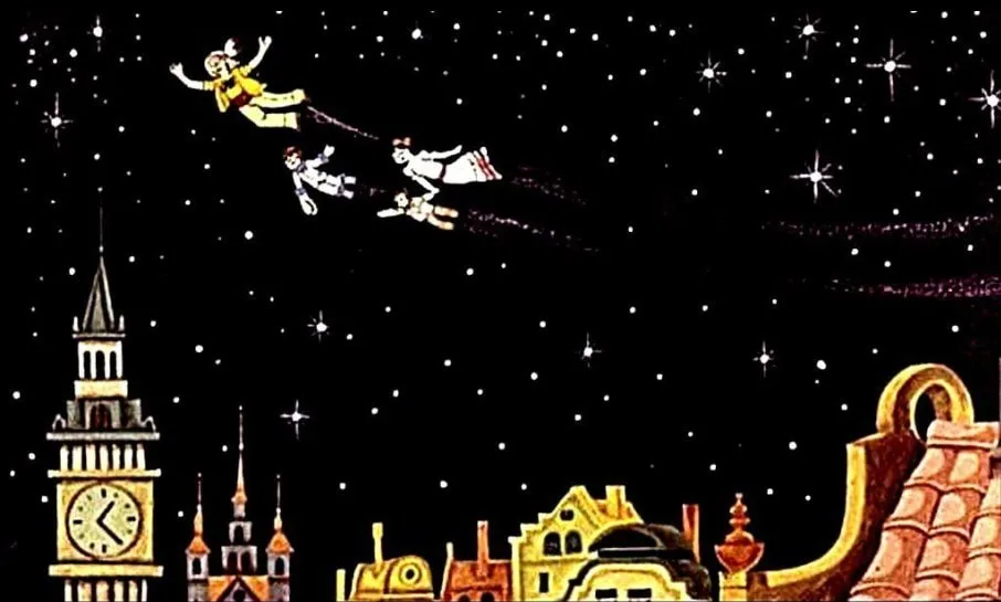 Ilustrație din povestea lui Peter Pan, cu personaje zburați pe un fundal înstelat.