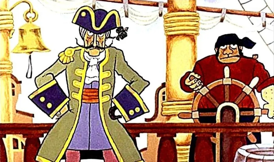 Ilustrarea unui capitol din povestea lui Peter Pan, arătând un căpitan pirat și un alt bărbat pe o corabie, cu un text descriptiv despre aventurile lor.