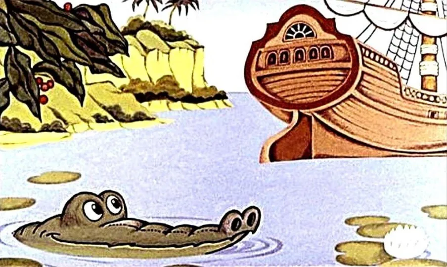Ilustrare animată cu un crocodil și o corabie, cu text descriptiv referitor la o poveste despre un crocodil care a înghițit un braț și un ceas de buzunar.