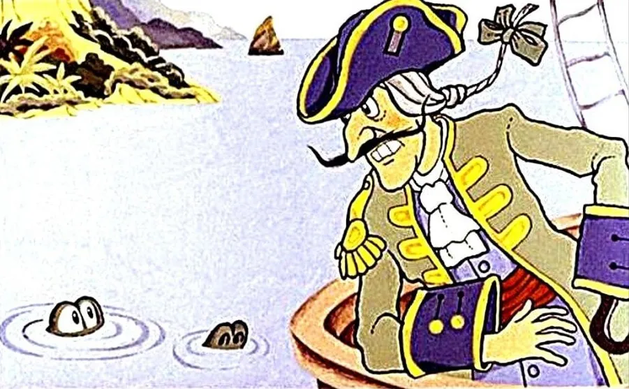 Imagine ilustrativă cu un personaj dintr-o poveste, în fața unui crocodil și un peisaj marin.