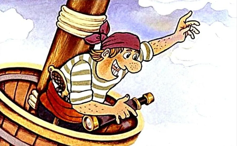 Ilustratie cu un pirat pe o nava, zambind si salutand, in contextul povestii despre Peter Pan.