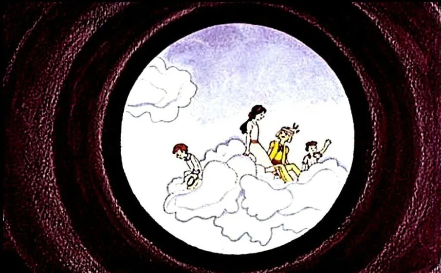 Imagine ilustrative cu un peisaj ceresc, în care patru personaje stau pe nori.