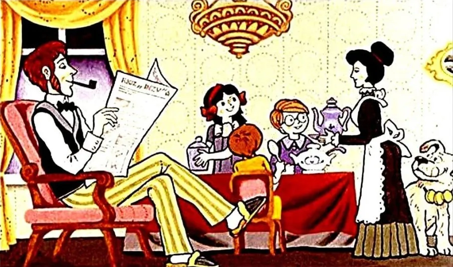 Ilustrarea unei seri obisnuite in casa familiei Darling, cu membri ai familiei si un catelus.