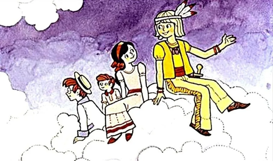 Ilustrare a personajelor din povestea lui Peter Pan, inclusiv Peter, Wendy si altii, pe nori.