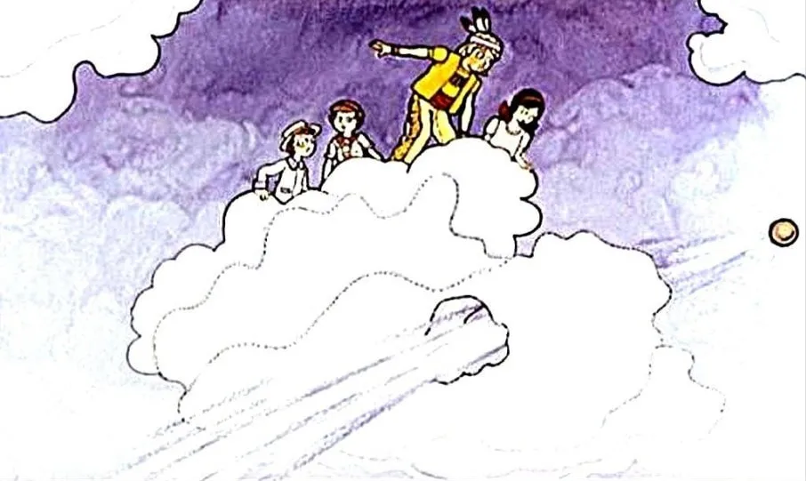 Imagine ilustrativă cu personaje plutind pe nori, descriind un moment dintr-o poveste.