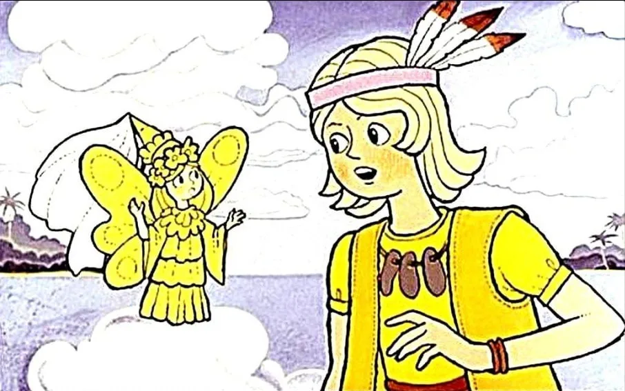 Ilustrație cu Peter Pan și o zână, însoțită de un text explicativ despre o confruntare.
