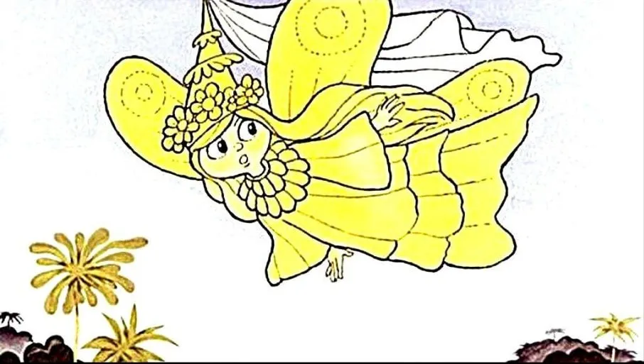 O ilustrație cu Tink zburând, înconjurată de palmieri, cu un text explicativ despre gelozia ei față de Wendy.
