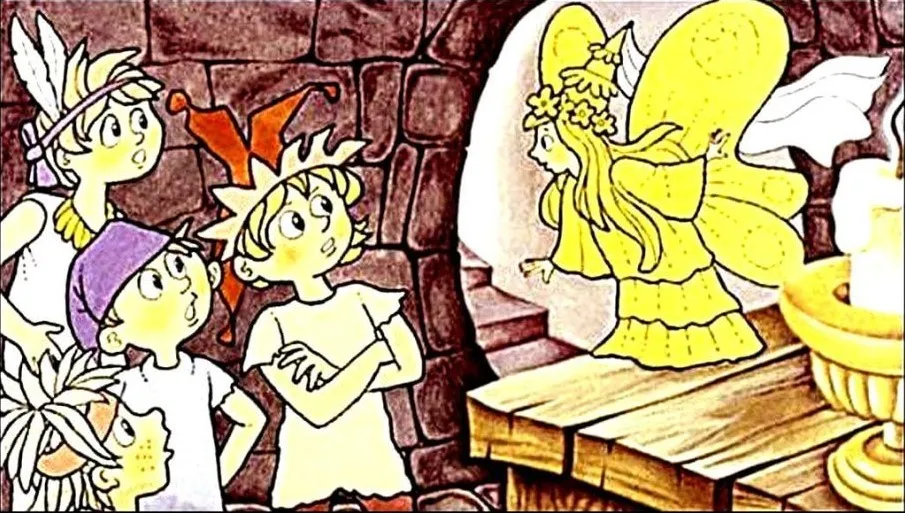 Ilustrație cu personaje din povestea lui Peter Pan, contemplând o zână și discutând despre Wendy.