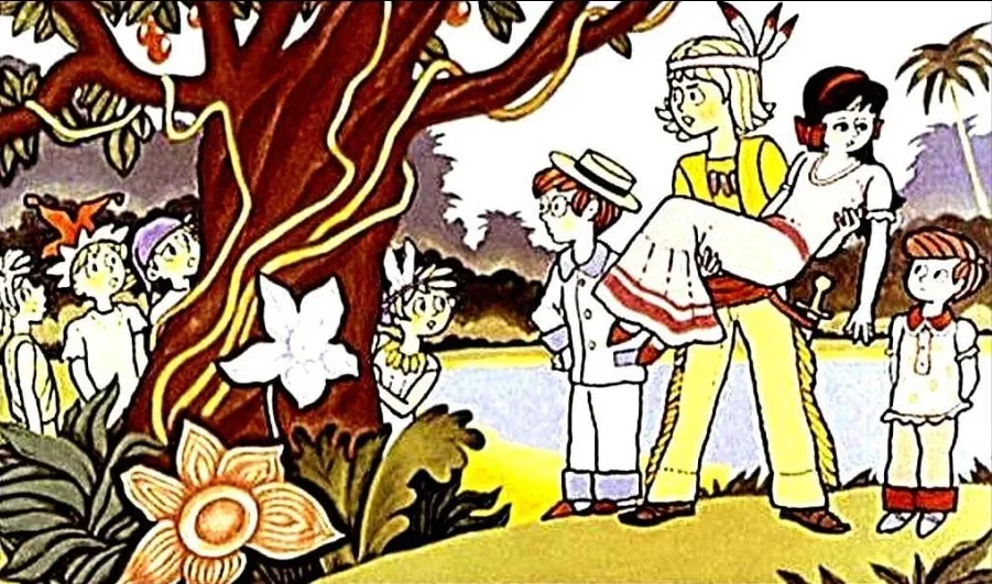 Ilustrație colorată cu personaje din povestea Peter Pan, prezentând o scenă în natură.
