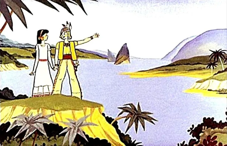 Ilustrare animată cu un peisaj de coastă, având doi tineri ținându-se de mână, cu un text descriptiv sub imagine.