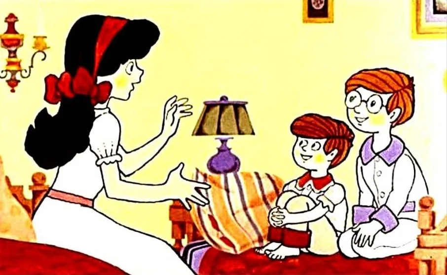Ilustrație cu o fontă care le povestește celor doi copii înainte de culcare.