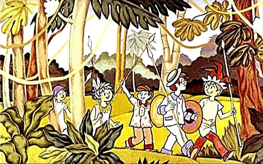 Ilustrare a unor copii explorând natura, însoțiți de personaje cu costume tradiționale.