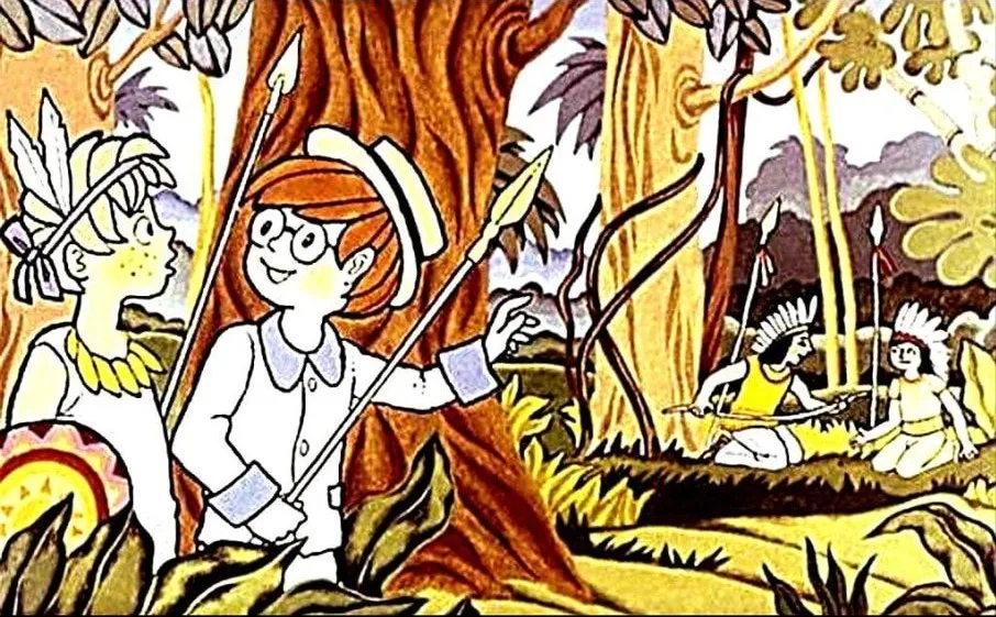 Ilustrație reprezentând personaje într-o pădure tropicală, interacționând cu indienii.