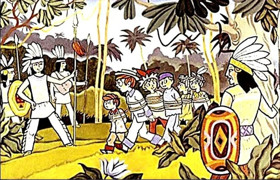 Ilustrație colorată cu persoane dintr-un context istoric, reprezentând o scenă de capturare.