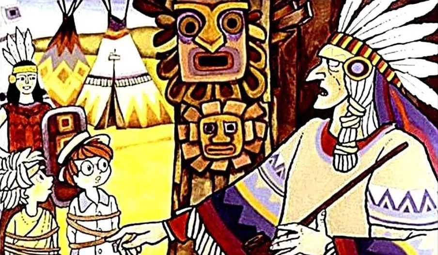 O scenă ilustrată cu personaje îmbrăcate în costume tradiționale, la discuții cu un lider, cu un mediu colorat în fundal.