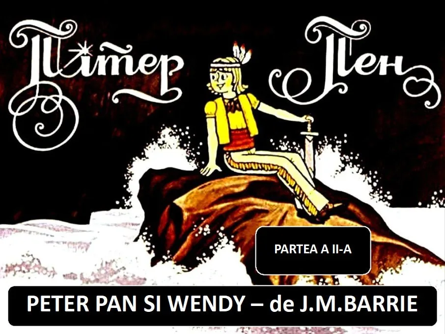 Imagine artistică a lui Peter Pan, cu titlul și numele autorului, decorată cu elemente grafice și culori variate.