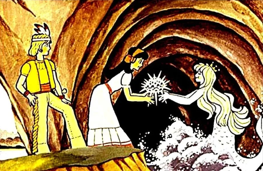 Ilustrare colorată a lui Wendy, Peter Pan și o sirenă, cu un peisaj subacvatic.