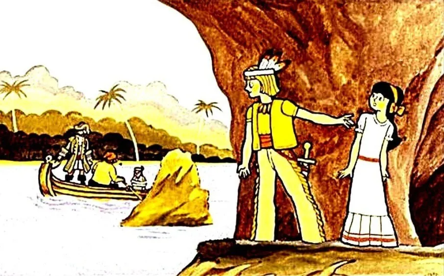 Ilustrație din povestea lui Peter Pan, cu personaje în peisaj tropical.