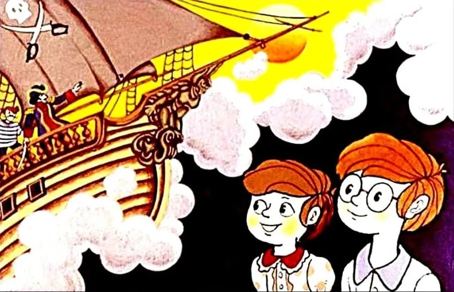 Ilustratie cu un subiect de aventura, reprezentand copii care asculta o poveste despre taramuri fermecate si o corabie care zboara.