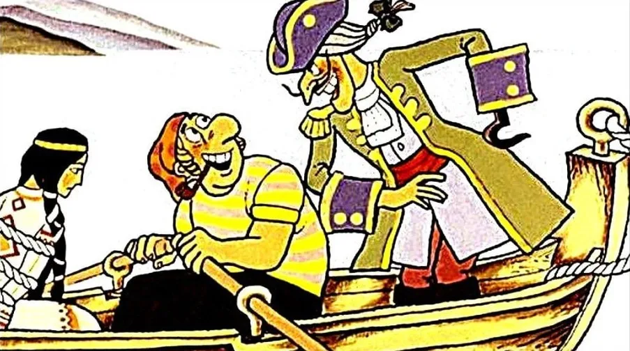 Ilustrație colorată cu personaje dintr-o poveste, într-o barcă, prezentând un plan de petrecere.