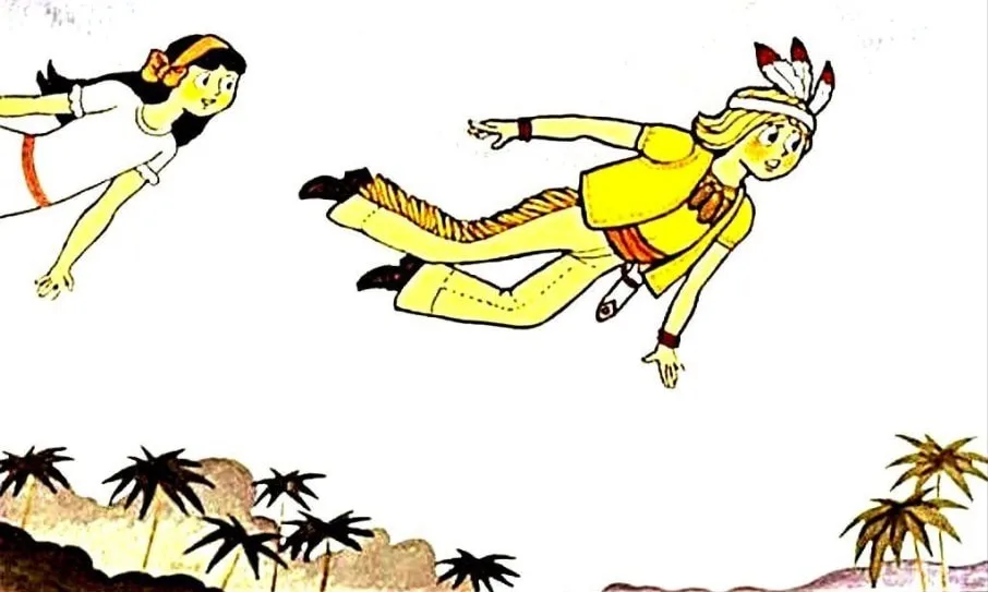 Ilustratie reprezentand doua personaje zburand deasupra unor palmieri, cu un text descriind o situatie tensionata.