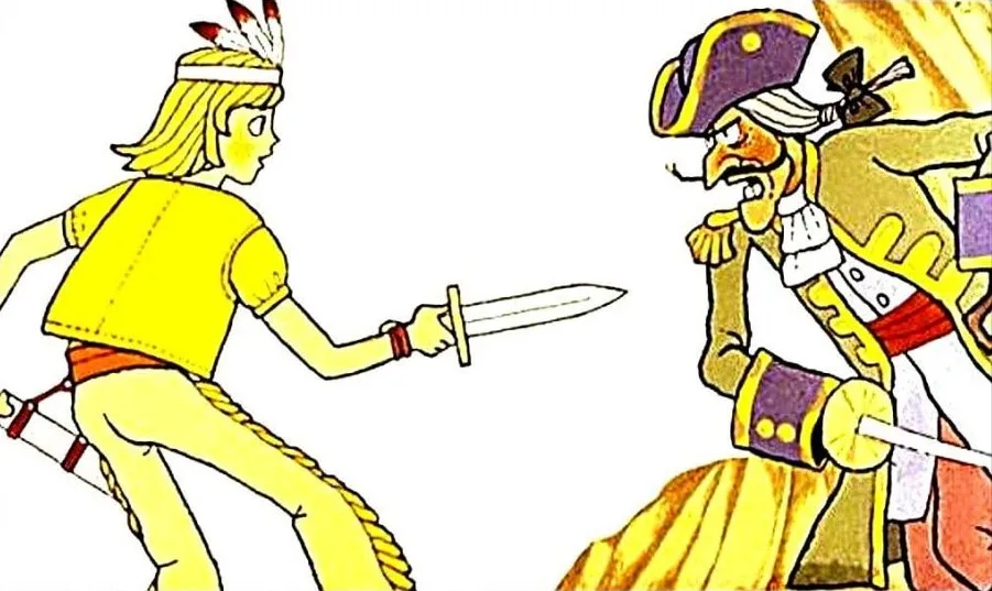 Ilustratie cu un tanar si un pirat in conflict, cu text explicativ in partea de jos.