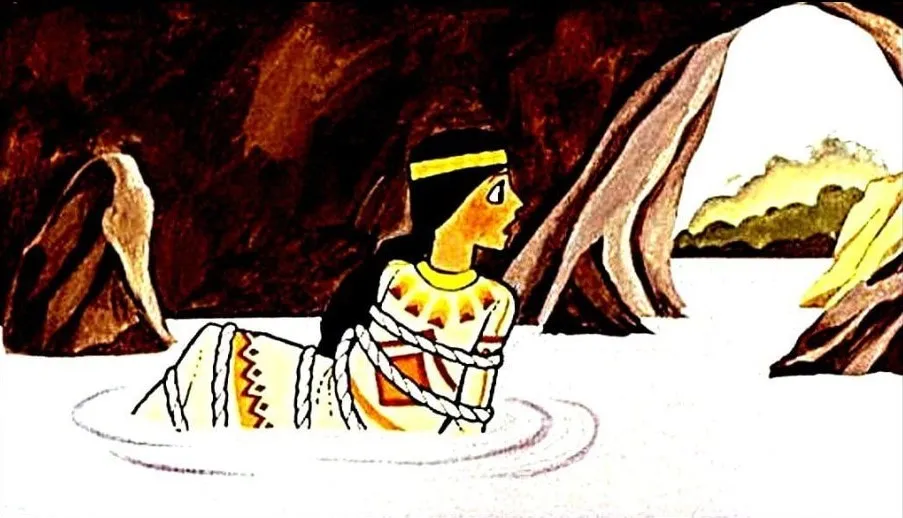 Ilustrație cu un personaj legat în apă, rugându-se pentru ajutor în fața pericolului, în contextul unei povești cu pirati și Peter Pan.