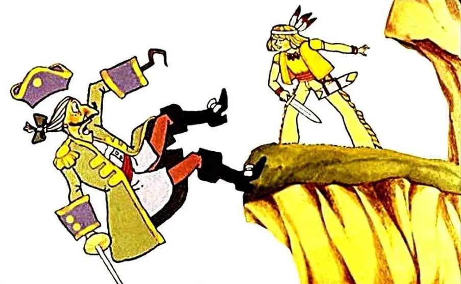 O scenă ilustrativă din povestea lui Peter Pan, în care Peter Pan îl învinge pe Cârlig, dar îl lasă să cadă.