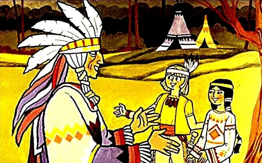 Imagine colorată reprezentând un indian și copii, cu text despre bucuria Capetinii la întâlnirea cu fiica sa.