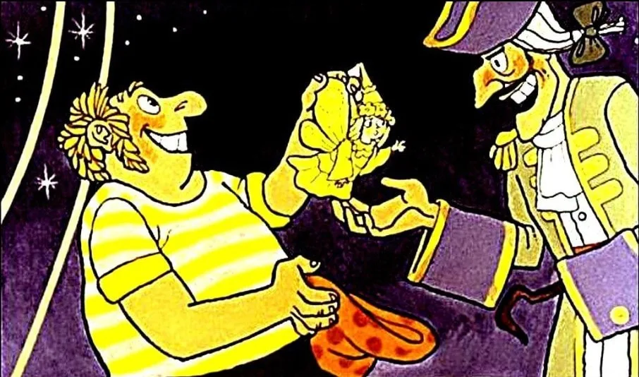 Imagine ilustrativă a unei scene cu pirați, un prizonier și o zână, cu text descriptiv în partea de jos.