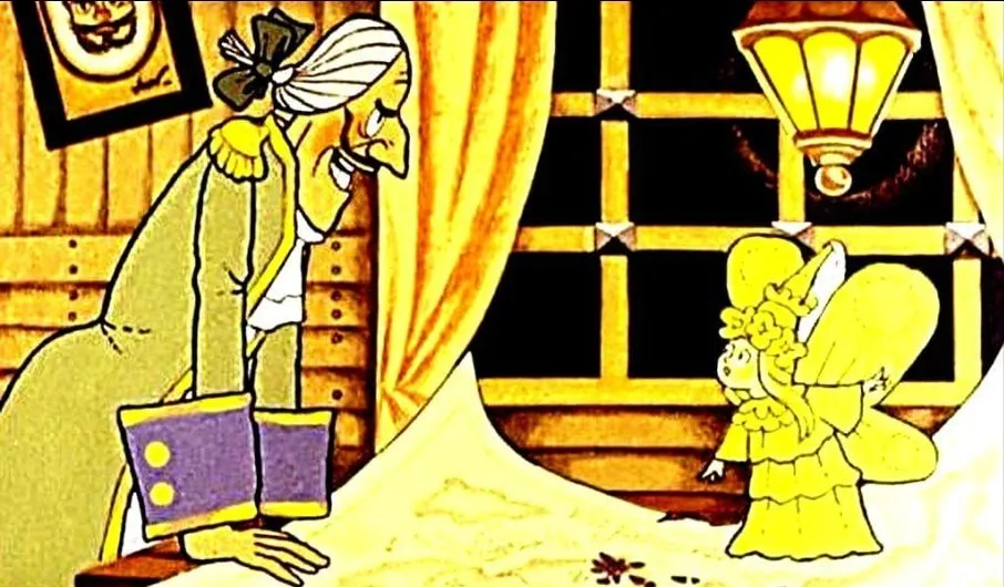Ilustrație cu o scenă dintr-o poveste, reprezentând un personaj feminin zână și un bărbat în fața unei mese cu o carte deschisă, înconjurați de un decor cald și luminos.