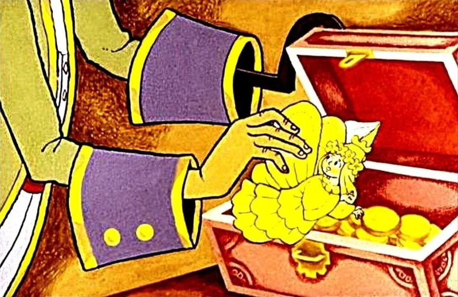 O scenă ilustrativă cu mâini care deschid o ladă plină cu aur, însoțită de un personaj de poveste.