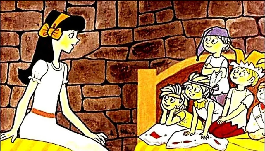 Ilustrație cu Wendy spunând o poveste copiilor din Tara Nicaierea, înconjurată de un ambient de poveste.
