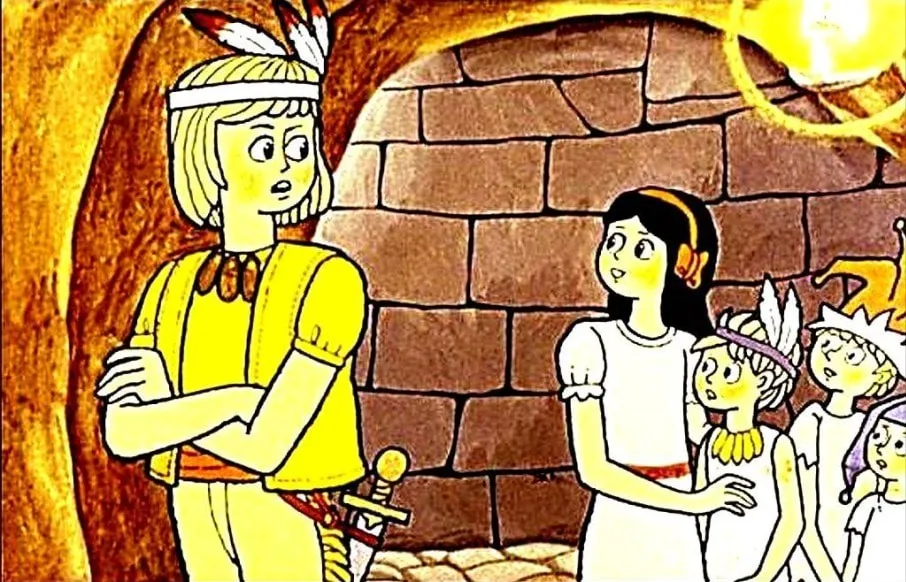 Ilustrație dintr-o poveste animată cu Peter Pan și Wendy, care discută despre povești.