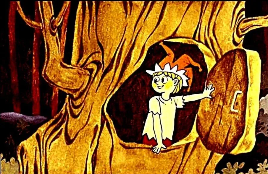 Ilustratie cu un copil zambitor care iese dintr-un copac, in fundal avand o padure.