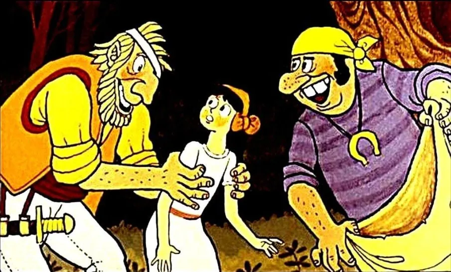 Ilustrație cu personaje dintr-o poveste, prezentând o situație tensionată între pirati și copii.