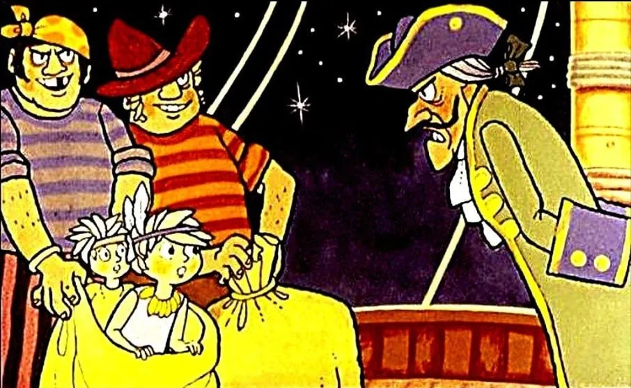 Ilustrație din povestea lui Peter Pan, arătând un căpitan furios și copii capturați pe o corabie.